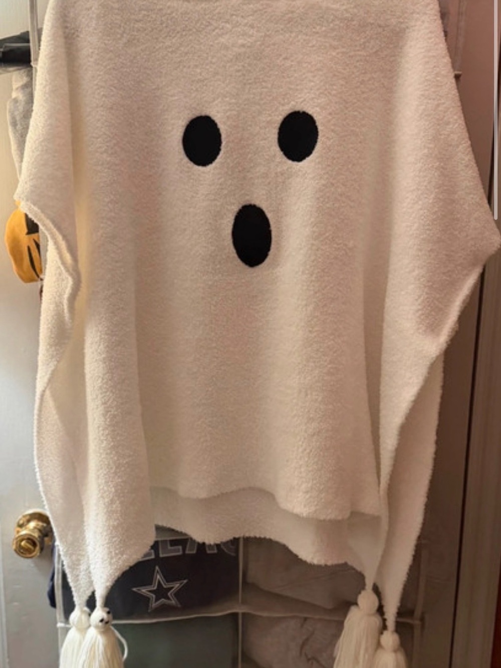 Cozy Ghost Face Poncho - Cream with Black Accents